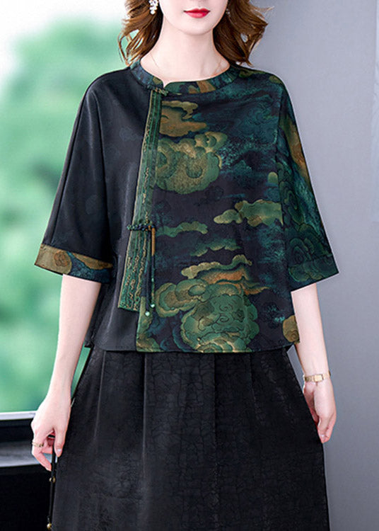 Green O-neck Print Patchwork Top Bracelet Sleeve