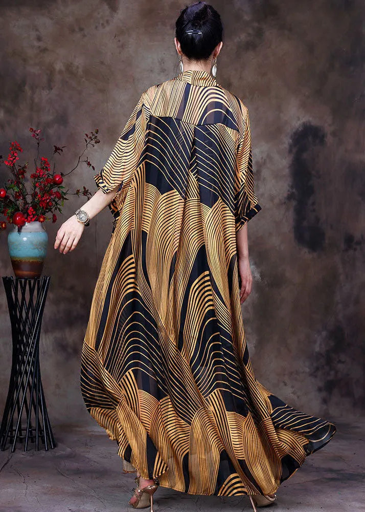 Yellow Peter Pan Collar Wrinkled Striped Print Chiffon Long Shirt Half Sleeve