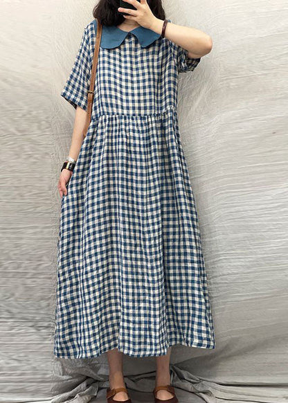 Blue Peter Pan Collar Plaid Linen Dresses Summer