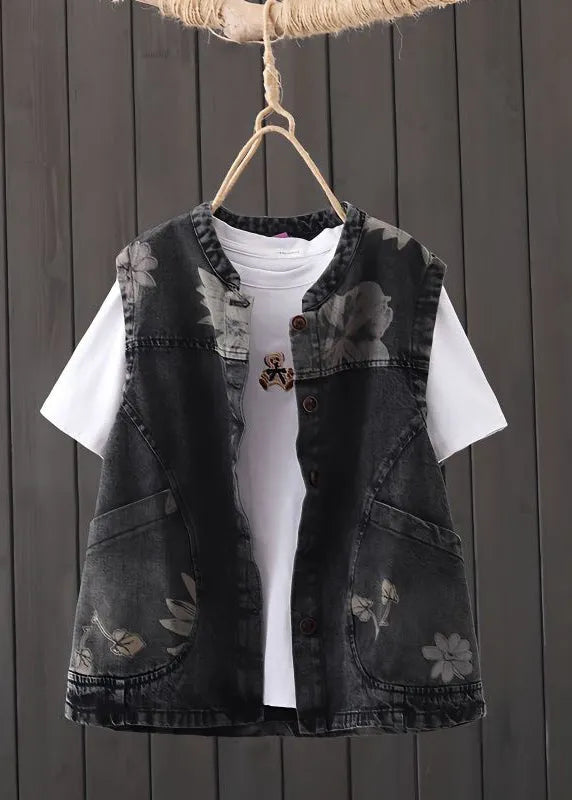 Black O-neck Print Pockets Button Denim Waistcoat Sleeveless