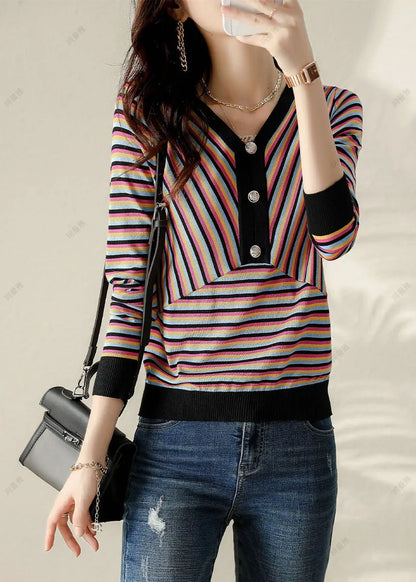 V Neck Striped Patchwork Shirt Spring
