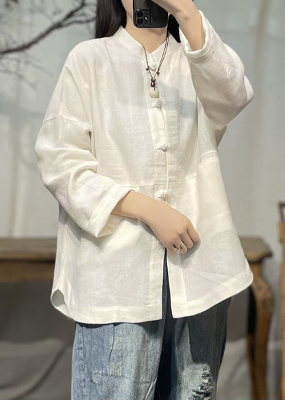 White Stand Collar Pockets Patchwork Linen Shirts Spring