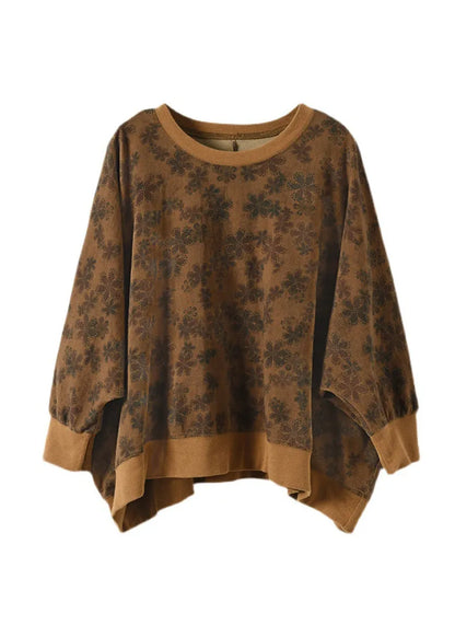 Chocolate Patchwork Cotton Sweatshirt Top Batwing Sleeve