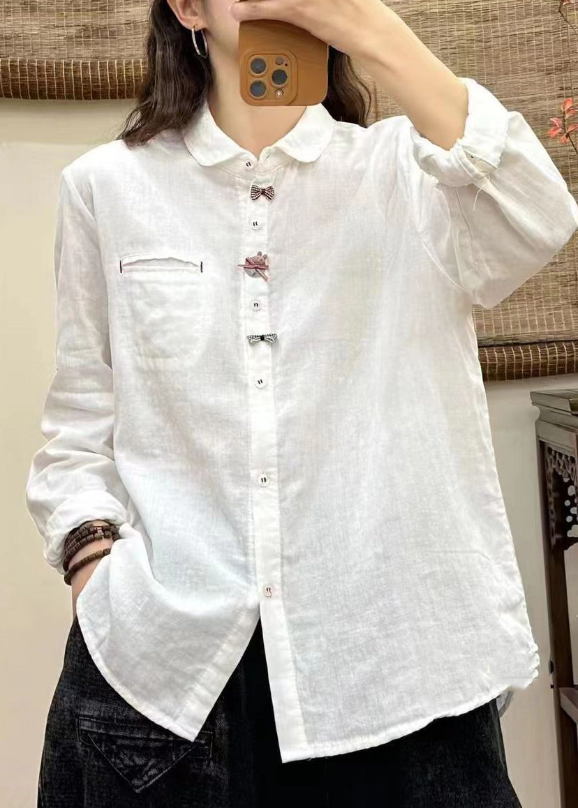 White Peter Pan Collar Button Bow Shirt Long Sleeve