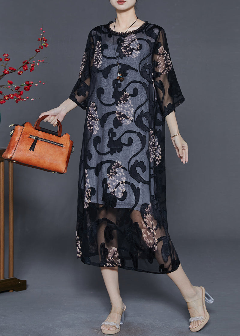 Black Oversized Print Tulle Maxi Dresses Summer