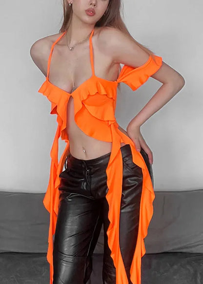 Orange Backless Cotton Tank V Neck Summer