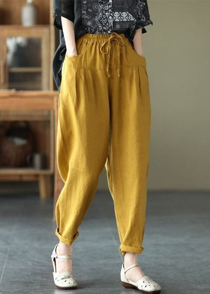 Yellow Pockets Patchwork Elastic Waist Linen Pants Summer