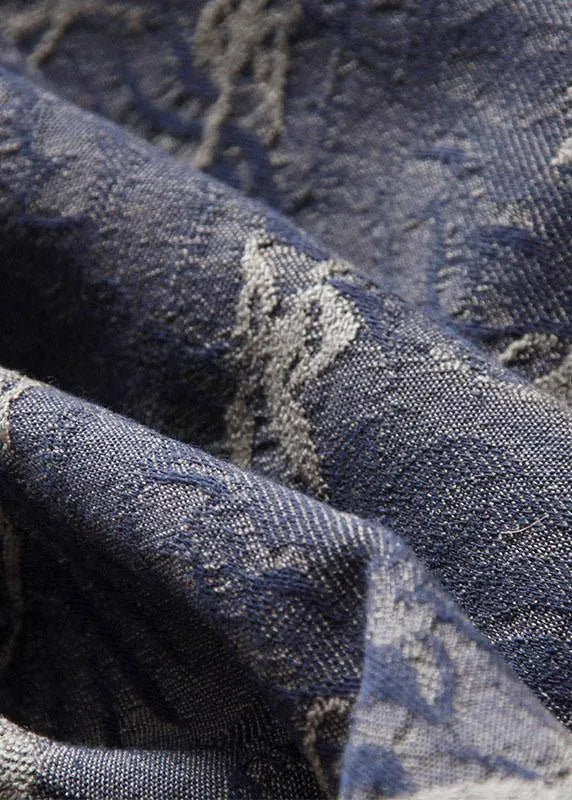 Blue Jacquard V Neck Button Spaghetti Strap Cotton Summer Tank