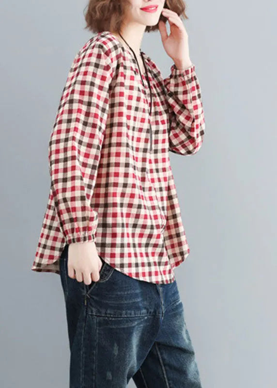 Red O-neck Plaid Cotton Loose Tops Spring