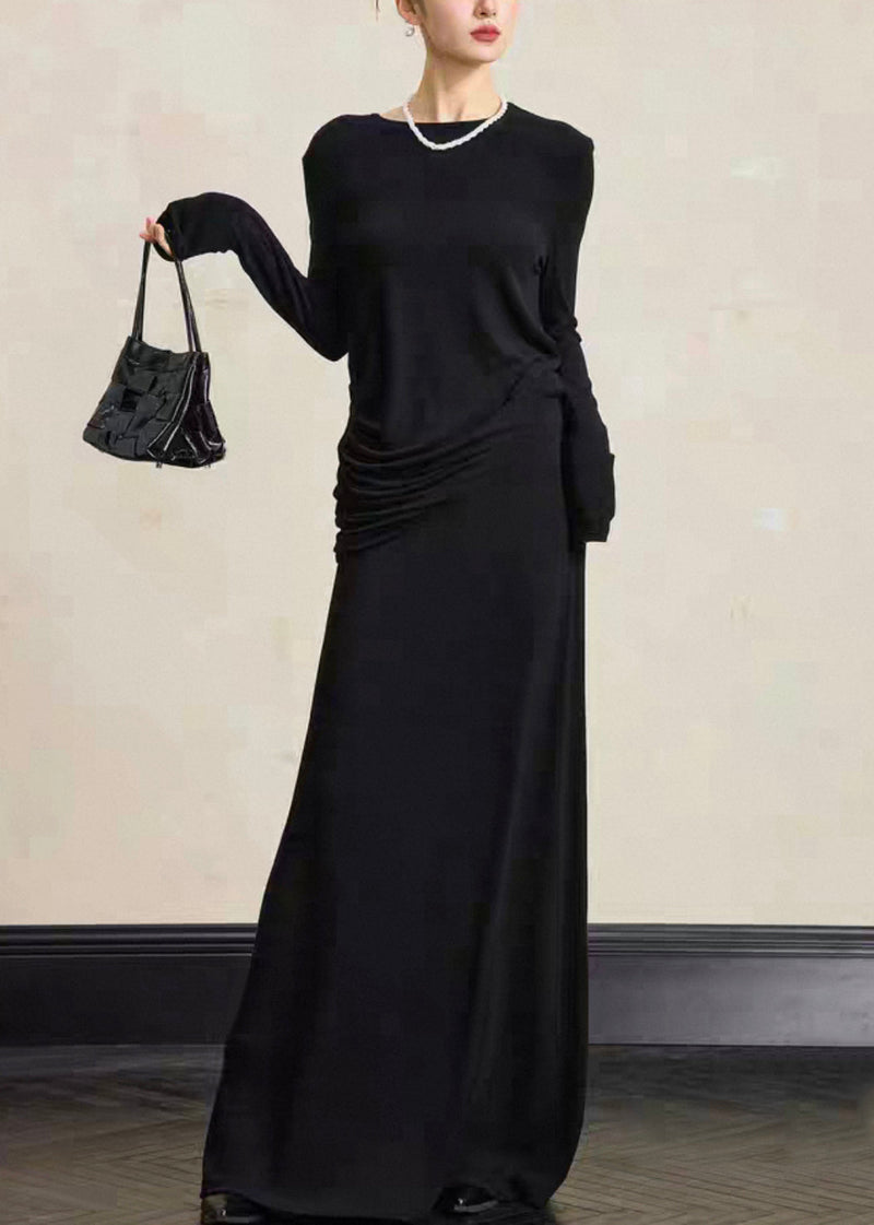 Simple Black O Neck Tops and Skirts Cotton Two Pieces Set Fall