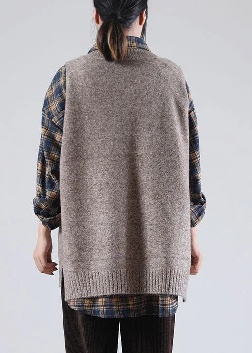 Khaki V Neck Side Open Sleeveless Knit Vest