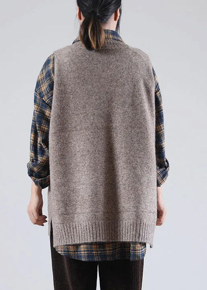 Khaki V Neck Side Open Sleeveless Knit Vest