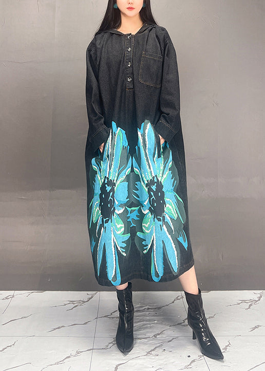 Loose Black Hooded Print Denim Long Dress Fall