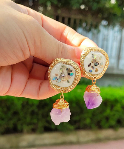 Light Purple Alloy Gem Stone Drop Earrings
