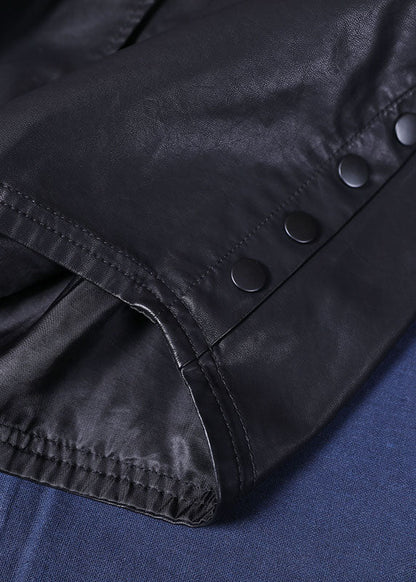 Black Pu Loose Button Fall Coats Long Sleeve
