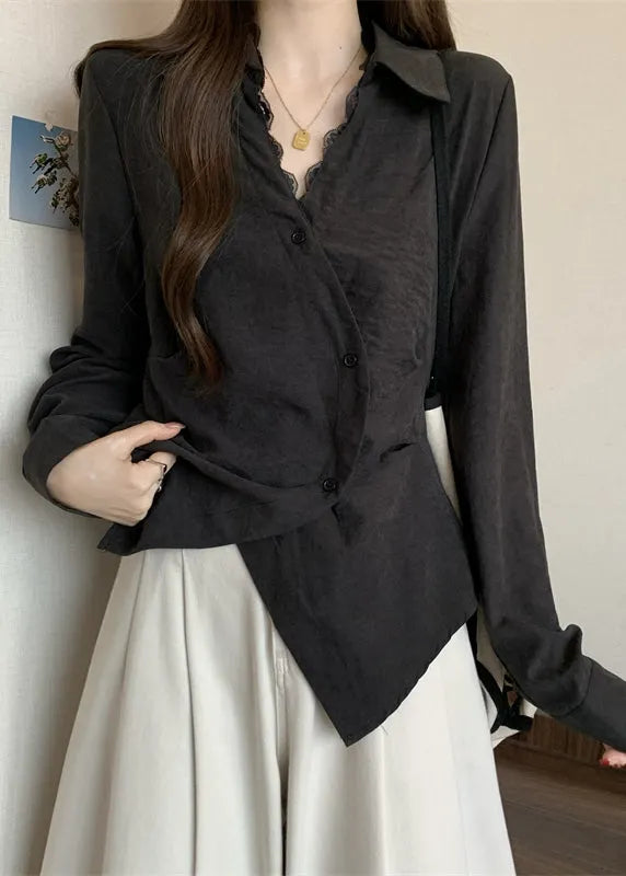 Black Asymmetrical Patchwork Silk Shirt Tops Fall