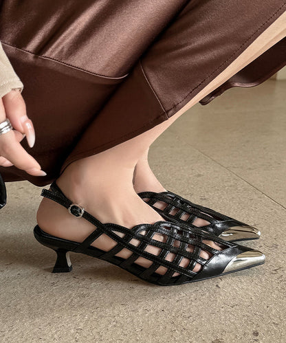 Black High Heel Cowhide Leather Hollow Out Splicing Sandals
