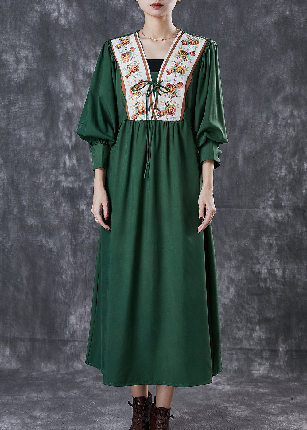 Green Cinched Patchwork Lace Up Cotton Dresses Spring
