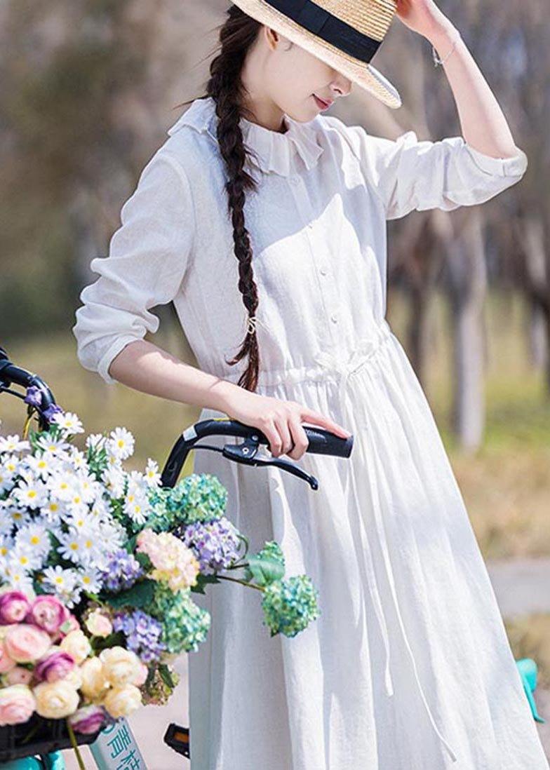 White Ruffles Pockets Summer Linen Dress