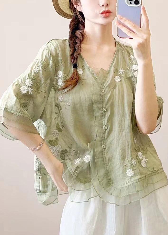 Green Ruffled Embroideried Patchwork Linen Blouse Top Summer
