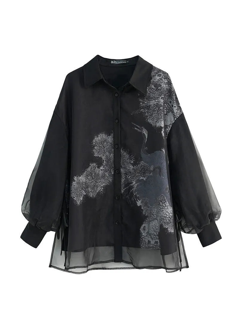 Stylish Black Layered Patchwork Red-crowned Crane Print Tulle Shirts Fall