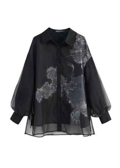 Stylish Black Layered Patchwork Red-crowned Crane Print Tulle Shirts Fall