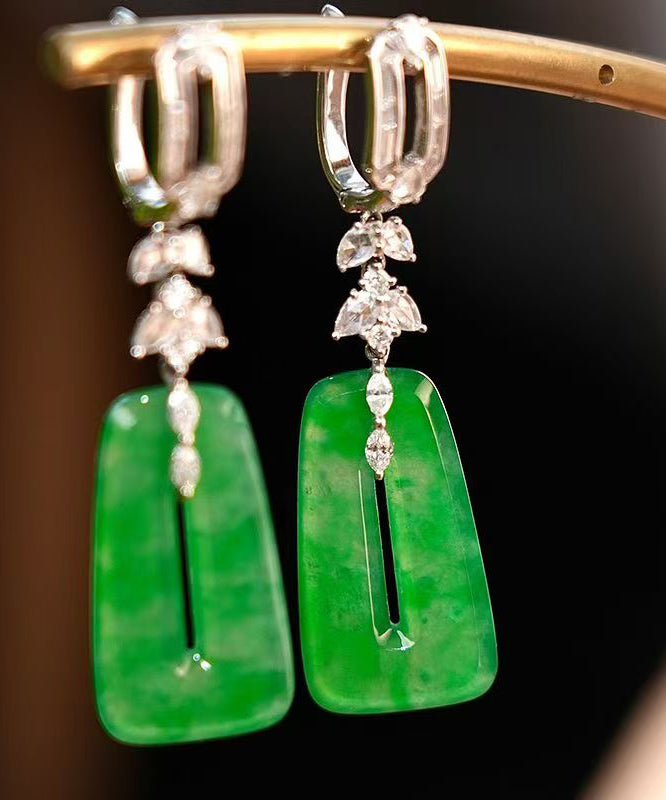 Green Sterling Silver Jade Square Hollow Out Drop Earrings