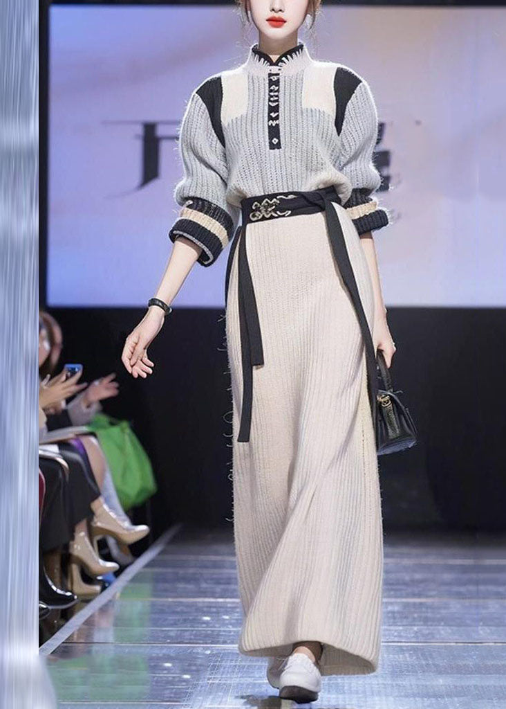 French Grey Tie Waist Cotton Knit Sweaters and Beige a Line Skirts Two Piece Set Long Sleeve