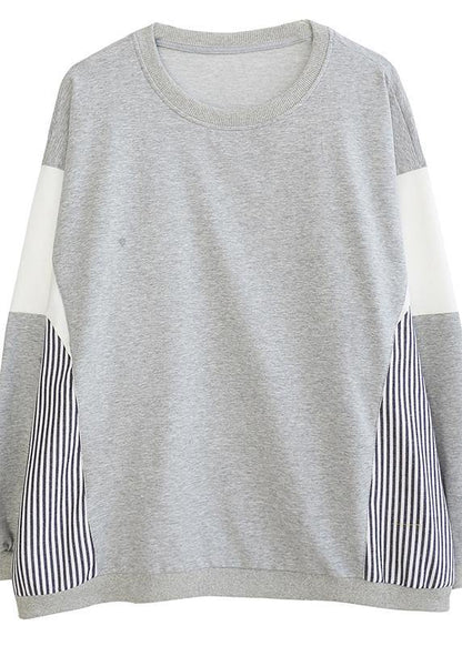 O Neck Patchwork Striped Spring Top Silhouette Sewing Blue Blouses