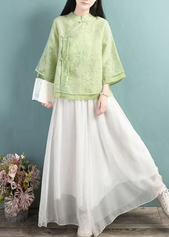 Green Stand Collar Tasseled Patchwork Tulle Shirt Tops Fall