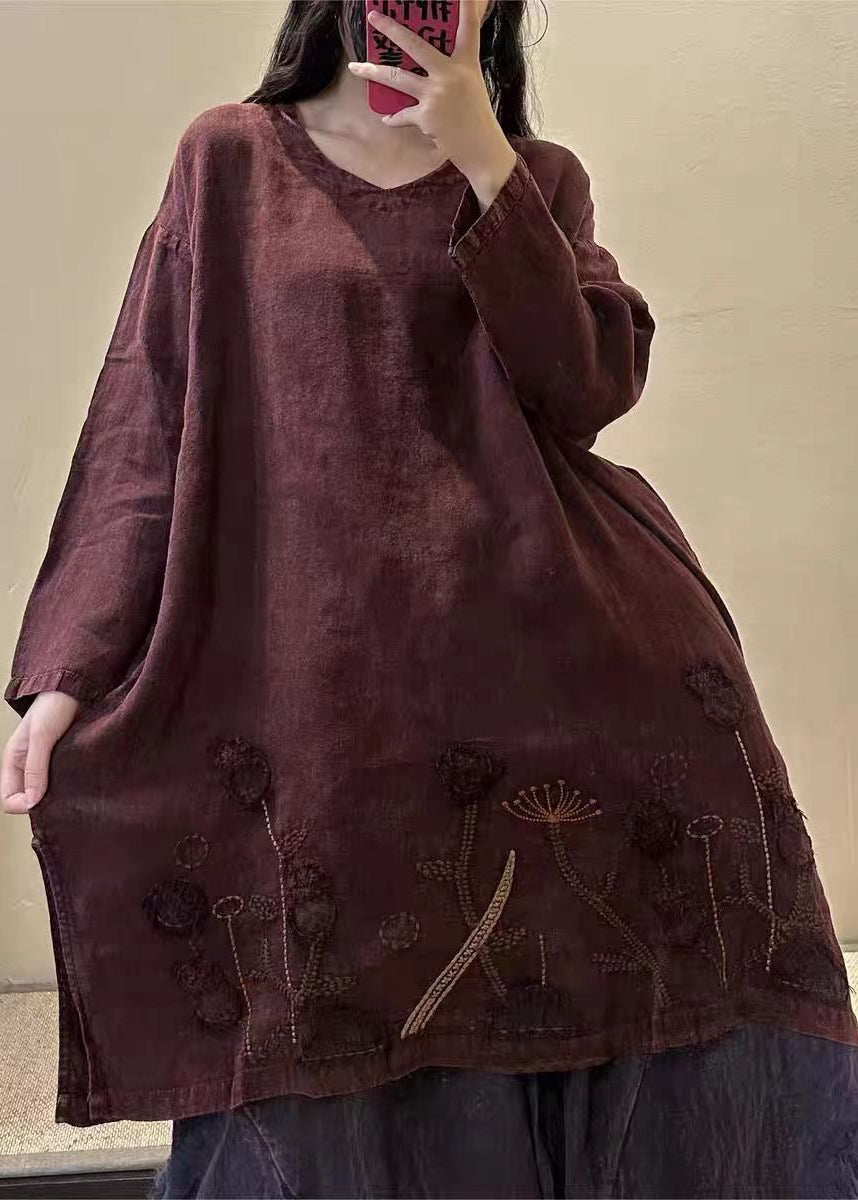 Yellow Stripes V Neck Embroidered Patchwork Linen Mid Dresses Fall