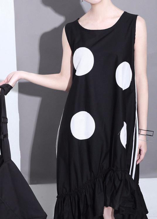Summer Woman Black Sleeveless Large Dots Patches Ruffle Hem Straight Sundress