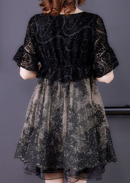French Black O-neck Patchwork Organza Cinch Dress Summer