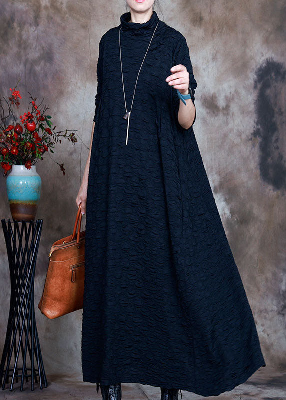French Navy Turtleneck Circle Asymmetrical Design Fall Long Sleeve Long Dresses