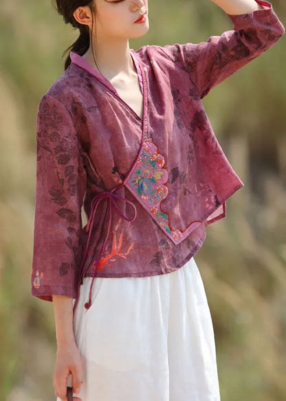 Purple Red Embroideried Tie Waist V Neck Patchwork Linen Tops Spring