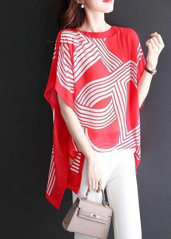 Red O Neck Print Patchwork Chiffon Tops Batwing Sleeve