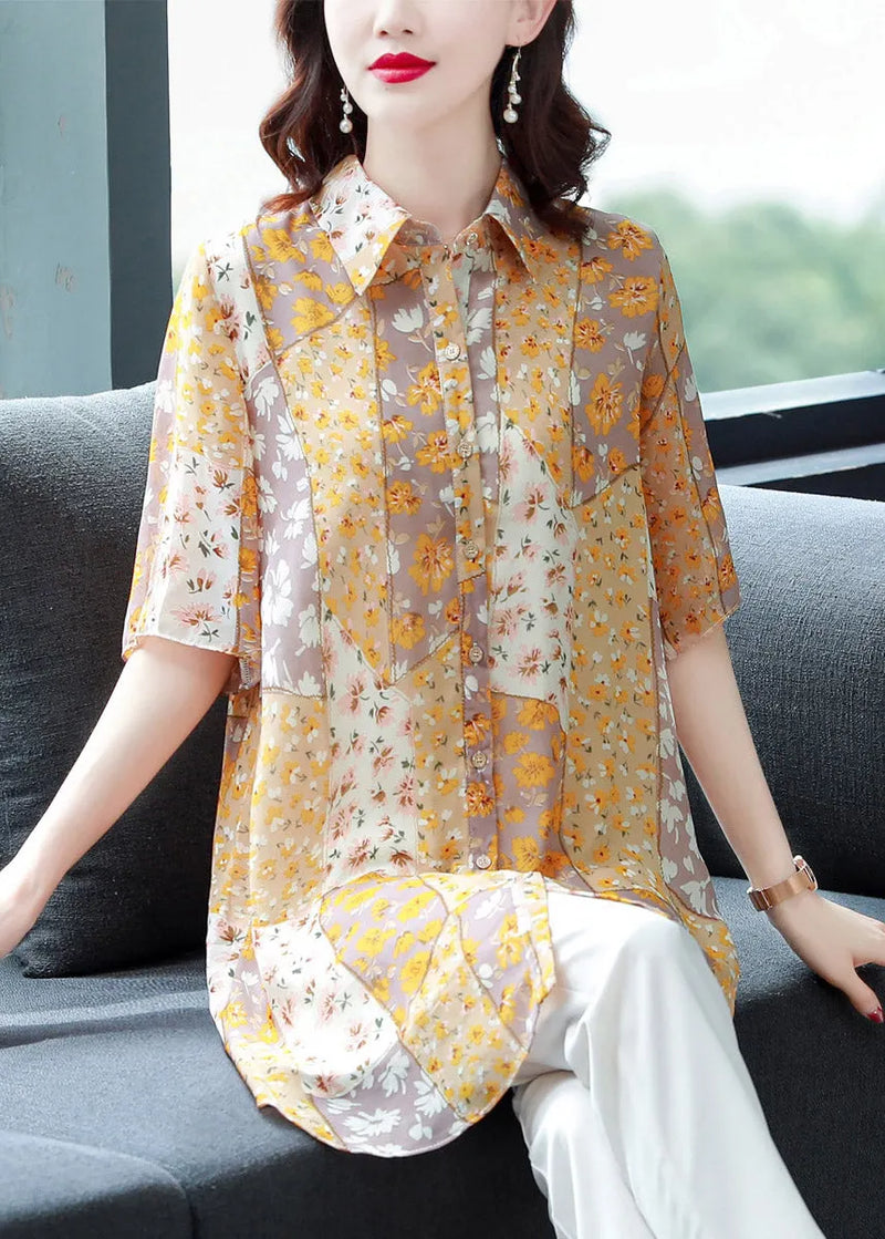 Orange Peter Pan Collar Print Button Chiffon Blouse Top Half Sleeve