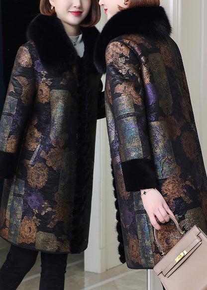 Loose Purple Fur Collar Pockets Leathe and Fur Coats Spring