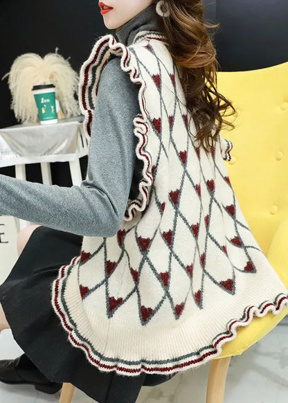Style Beige O-neck Ruffled Plaid Fall Knit Vest