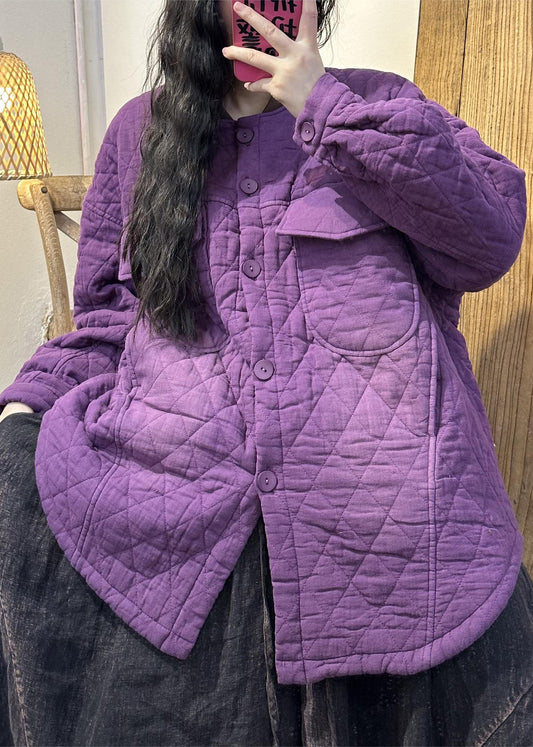 Loose Purple Pockets Button Fine Cotton Filled Coats Winter