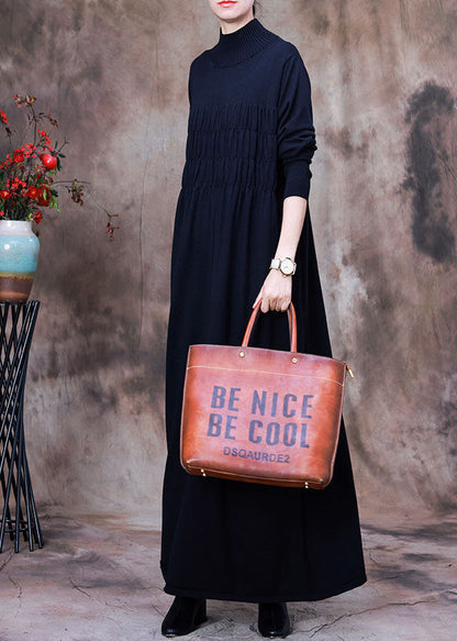 Fitted Black Wrinkled Turtle Neck Knit Holiday Dresses Spring