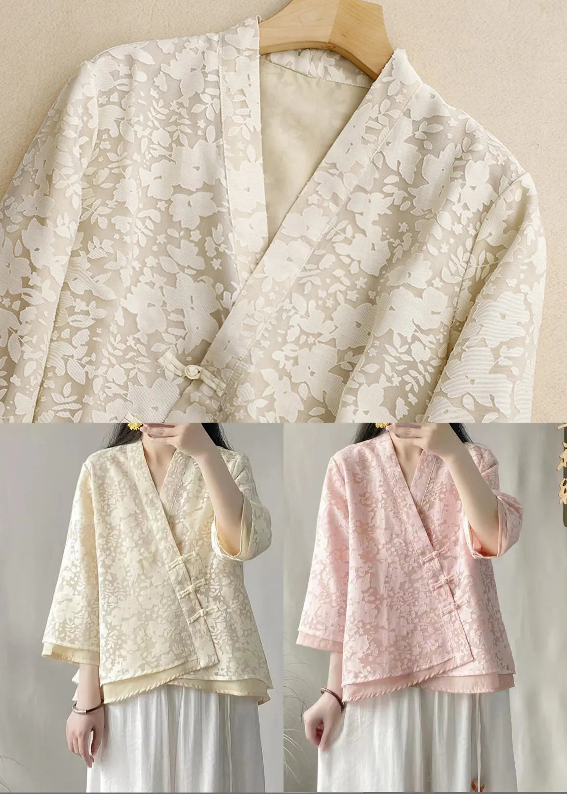 Fitted Pink Chinese Button Lace Shirt Top Spring