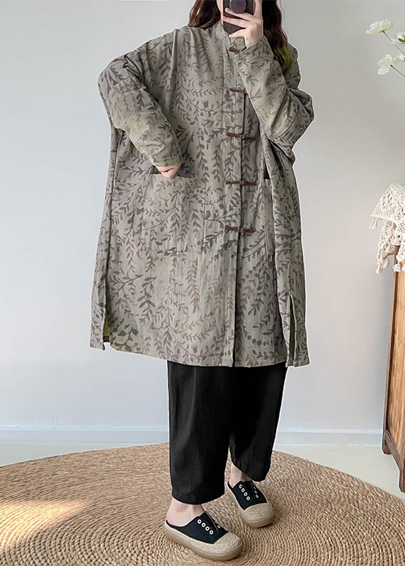 Green Oversized Print Linen Coat Outwear Fall