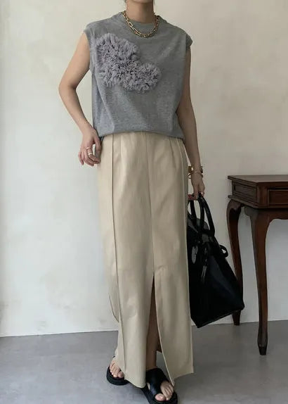 Grey Decorated Cotton Tank Tops Sleeveless