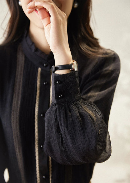 Black Stand Collar Striped Patchwork Chiffon Shirts Long Sleeve