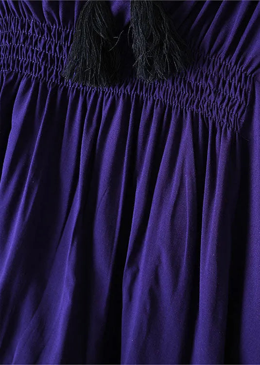 Classy Blue O-neck Embroideried Wrinkled Linen Shirt Tops Batwing Sleeve