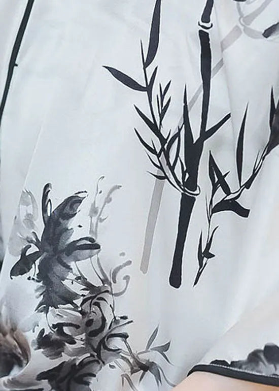 Chinese Style White Stand Collar Button Print Silk Top Spring