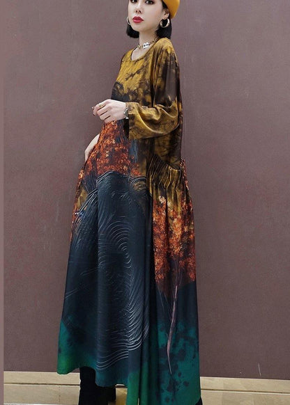Diy O Neck Large Hem Spring Clothes Tunic Tops Yellow Print Vestidos De Lino Dresses