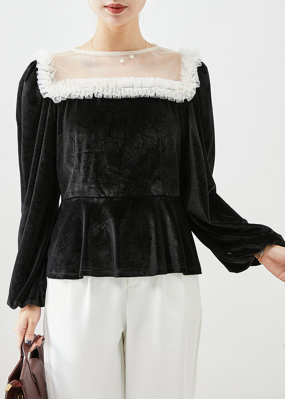 Diy Black Ruffled Patchwork Hollow Out Silk Velour Tops Fall