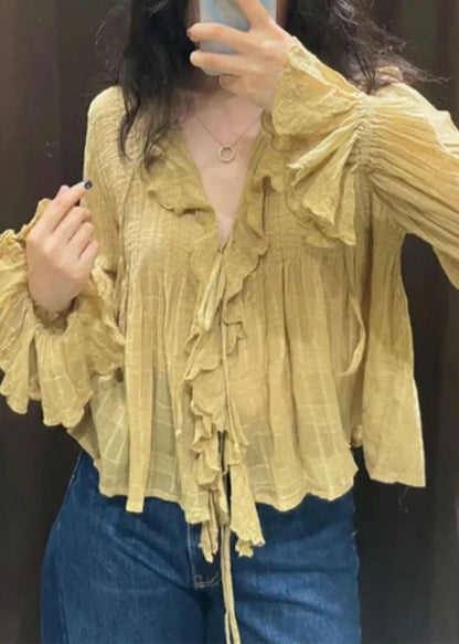 Diy Yellow V Neck Tie Lace Shirt Fall